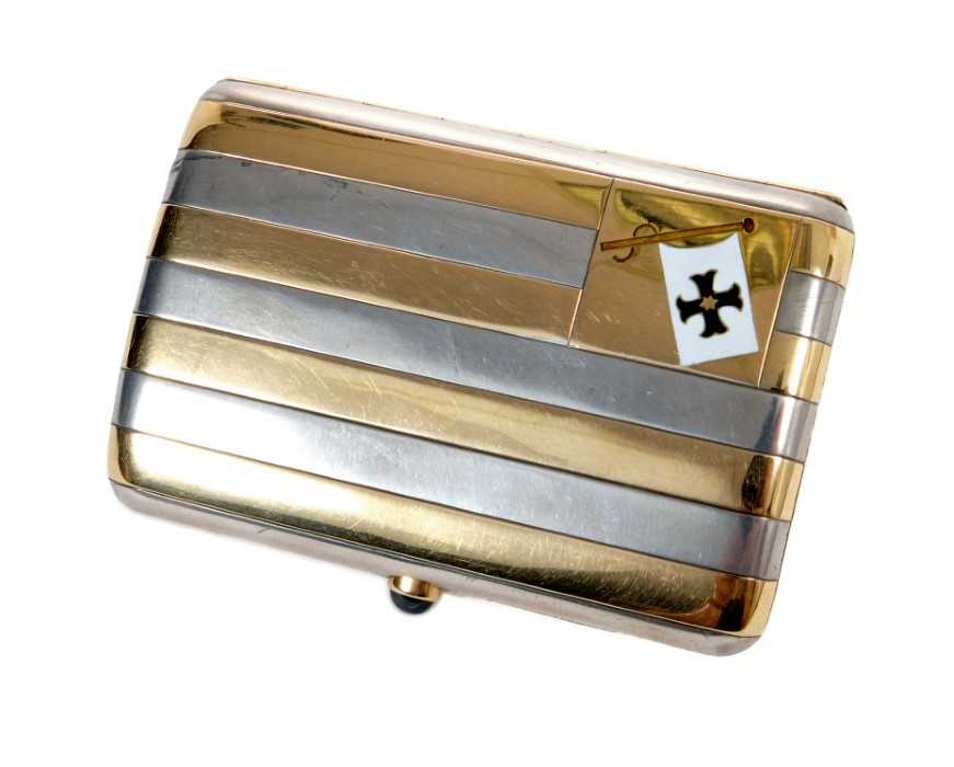 Good quality Edwardian silver and yellow metal striped cigarette case with enamelled pennant and cab