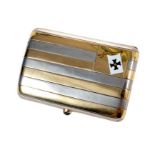 Good quality Edwardian silver and yellow metal striped cigarette case with enamelled pennant and cab