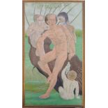 *Francis Plummer (1930-2019) large egg tempera on board - Male Nudes beneath a Tree, initialled and