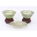 Chinese carved celedon jade dish, together with a pair of carved jade or hardstone bowls