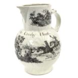 Rare Worcester cabbage-leaf jug, c.1770, printed by Robert Hancock with a hunting scene and inscribe