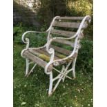 Antique cast iron and wooden slatted white painted garden chair