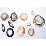 Collection of antique cameo jewellery to a brooch and matching earrings with carved shell cameos dep