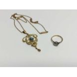 Edwardian Art Nouveau 9ct gold and turquoise pendant on chain, together with a 9ct gold single stone