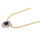 Sapphire and diamond cluster pendant on 18ct gold chain