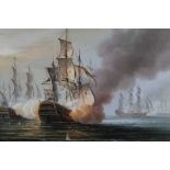 James Hardy, 20th century, oil on canvas laid on panel - A Sea Battle, signed, 49cm x 64cm, in gilt