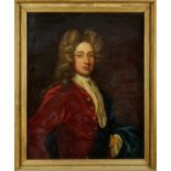 Manner of Michael Dahl, oil on canvas portrait of a man in wig and red coat
