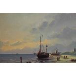 Van de Salm, oil on board in gilt frame – Dutch coastal scene with fishing boat, signed with scratch