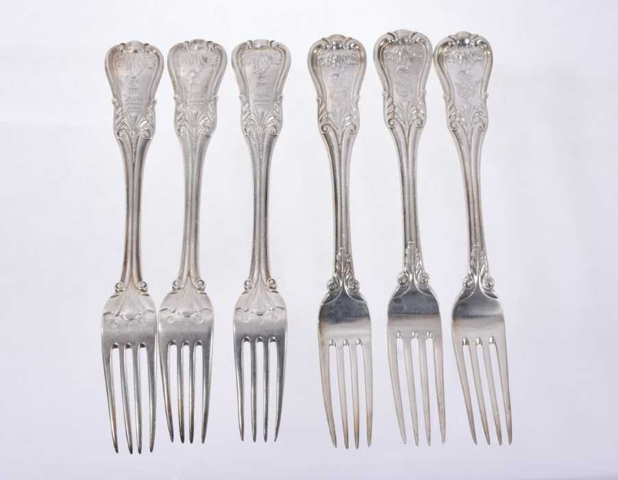 Six Early 19th Century German Silver Dinner Forks, modified Kings pattern with fluted stems, from th