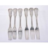 Six Early 19th Century German Silver Dinner Forks, modified Kings pattern with fluted stems, from th