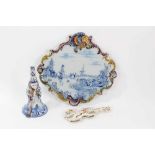 Three 19th century French faience items, including a plaque painted with a scene of a figure and two