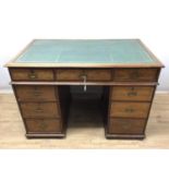 Early 20th century teak campaign style pedestal desk