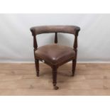 Victorian mahogany framed corner desk chair with leather upholstered rail back above a square leathe