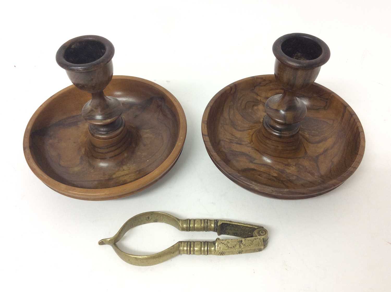 Pair of 18th century brass nut crackers together with a walnut Brighton bun collapsible pair of cand