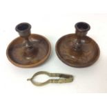 Pair of 18th century brass nut crackers together with a walnut Brighton bun collapsible pair of cand
