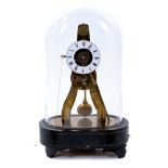 19th century French brass Skeleton-type alarm clock, under glass dome