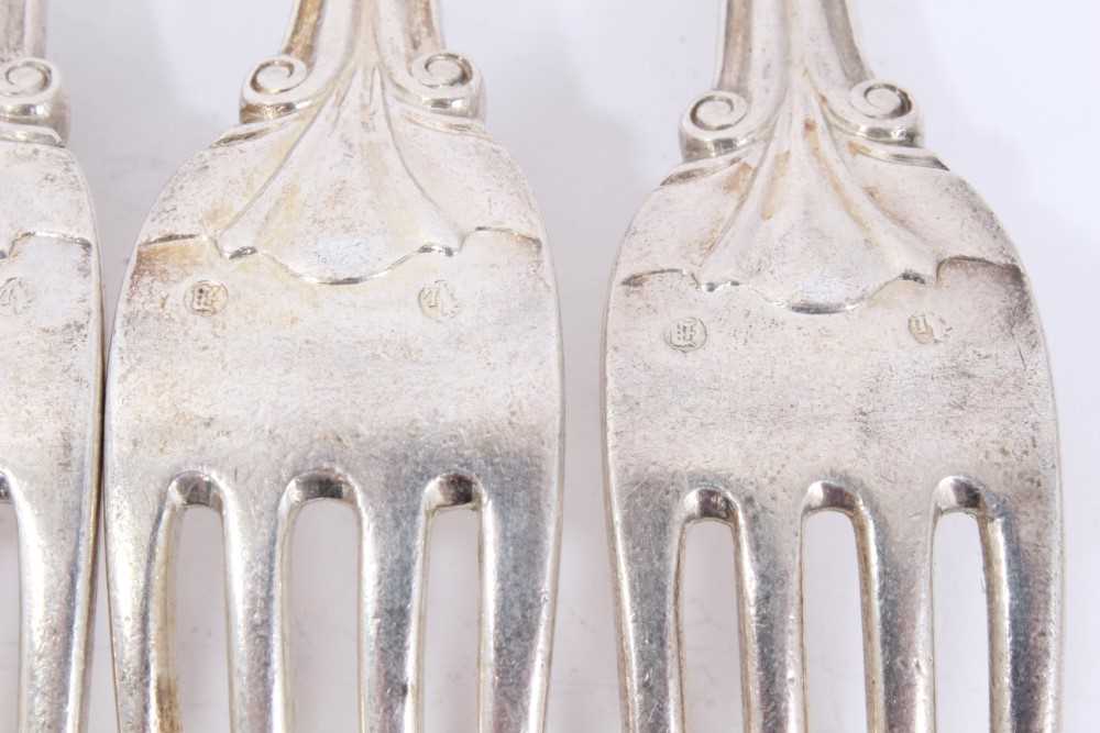 Six mid 19th Century German Silver Dinner Forks, Modified Kings pattern with fluted stems and foliat - Image 9 of 9
