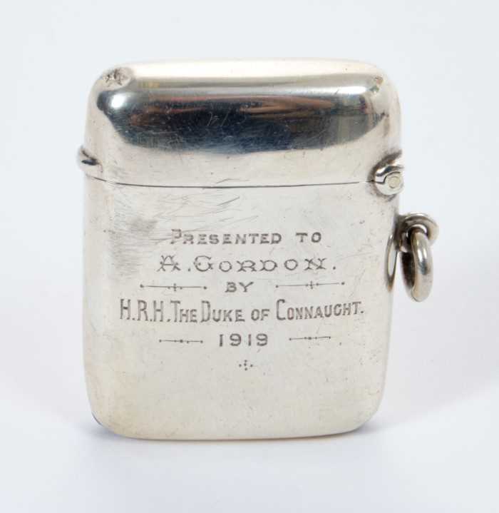 H.R.H. Prince Arthur Duke of Connaught, Royal presentation silver vesta case with engraved Crowned A - Image 3 of 3