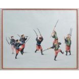 Set of four antique Chinese School watercolours - Warriors, in glazed gilt frames
