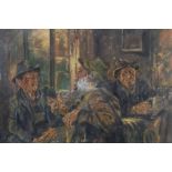 German Expressionist School, oil on canvas, Men in a Tavern, indistinctly signed, 58 x 79cm