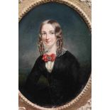 19th century English School, oil on canvas, A three quarter length portrait of a young lady with rin