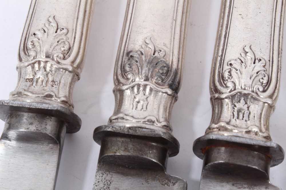 Six Late 19th/early 20th Century German Silver Dinner Knives with steel blades, Rococo pattern handl - Image 10 of 11