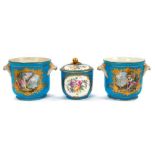 Pair of 19th century Sèvres bleu celeste planters, painted with panels containing figures and emblem