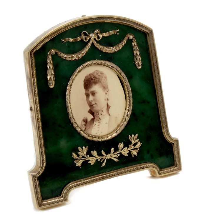 Fabergé-style silver gilt and green nephrite photograph frame containing an Edwardian portrait photo