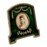 Fabergé-style silver gilt and green nephrite photograph frame containing an Edwardian portrait photo