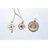 Two Edwardian gold garnet and seed pearl pendants on chains, together with an Edwardian double-sided