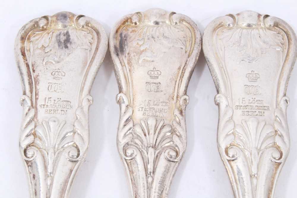 Six mid 19th Century German Silver Dinner Forks, Modified Kings pattern with fluted stems and foliat - Image 5 of 9