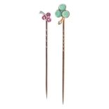 Two Edwardian novelty stick pins in the form of a clover leaf, one with green chrysoprase and diamon