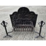 Cast iron fire back, fire basket and firedogs