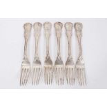 Six mid 19th Century German Silver Dinner Forks, Modified Kings pattern with fluted stems and foliat
