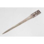 Chinese silver letter opener with long pointed blade and handle with pierced Chinese characters