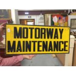 Vintage 'Motorway Maintenance' yellow and black rectangular metal sign, 92 x 41.5cm