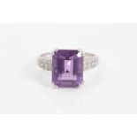 14ct white gold purple stone cocktail ring with diamond set shoulders