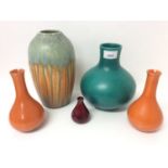 Royal Lancastrian Green glazed pottery vase, pair Lancastrian bottle vases, miniature flambé vase an