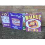 Four Reproduction metal advertising signs- Fry's Chocolate, Oxo Cubes, Ogden's Walnut Plug and one o
