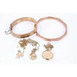 9ct gold hinged bangle, 9ct rose gold bangle, 9ct gold locket on chain and two other 9ct gold pendan