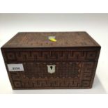 Victorian inlaid tea caddy with Greek key borders, mother of pearl escutcheon and cartouche, two int