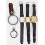 Early 20th century military stopwatch, silver fob watch and three wristwatches