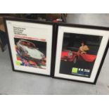 Two reproduction Porsche 911 advertising posters, mounted in glazed frames, together with three fram