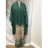 Japanese green silk kimono with printed flowers and red silk lining, long length. Plus similar short