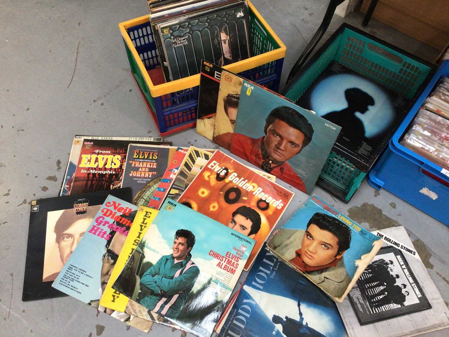 Two boxes of LP records to include approximately 14 Elvis, others to include Rolling Stones etc
