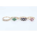 Four 9ct gold diamond and gem set dress rings