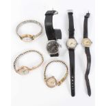 Group of six vintage ladies wristwatches including two 9ct gold cased watches