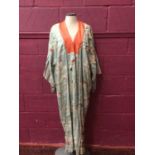 Japanese summer weight kimono circa 1930s printed silk with surface embroidered flowers and ducks. U