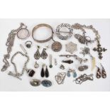Group silver jewellery to include Victorian and later brooches, bangle, chains, pendants, earrings e