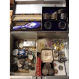 Box of sundries, including coins, banknotes, watches, etc